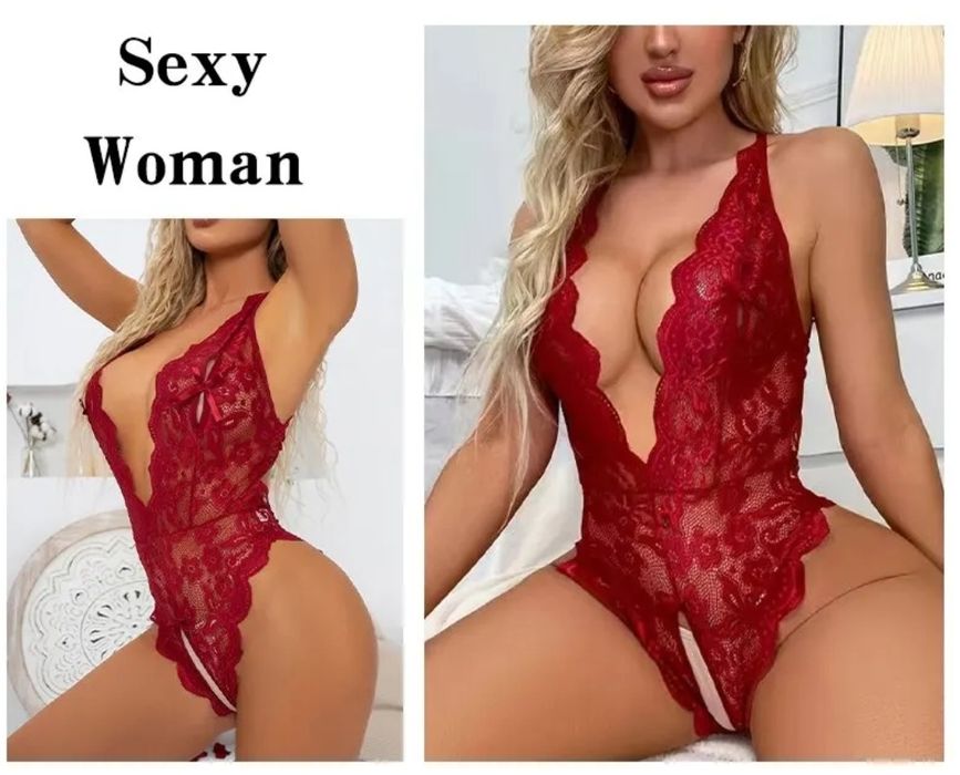 Bodystocking seksowne czerwone body koronkowe erotyczne otwarty krok S