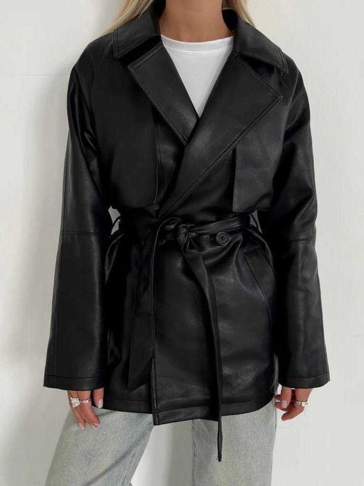 Опт та роздріб! Модный черный Тренч из эко кожи + Подарунок*