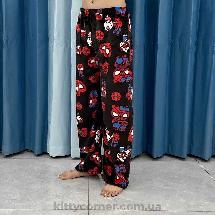 Плюшеві штани hello kitty&spiderman м'які чорні з людиною павуком