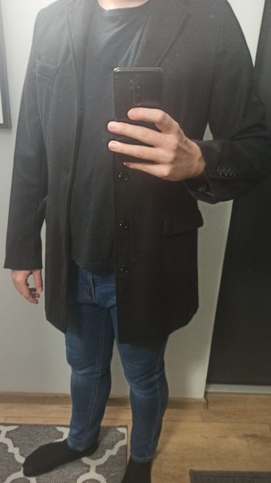 Elegancki płaszcz jesienny męski czarny Slim XXL ok 190 cm