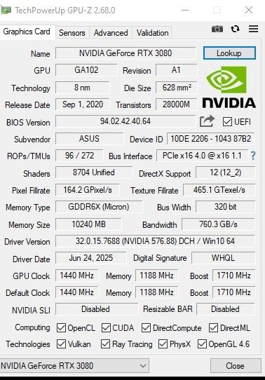 Karta graficzna RTX 3080 Geforce TUF Gamming 10 GB