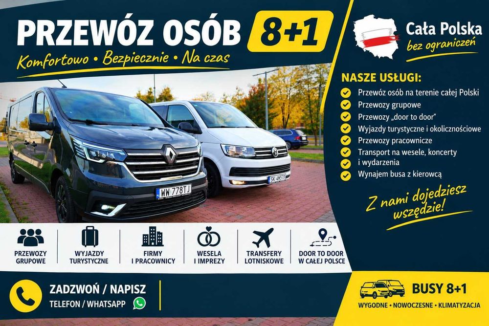 Przewóz osób 8 +1 | Busy z kierowcą| Transfery lotniskowe | Wesela