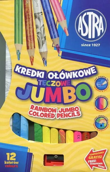 Kredki Ołówkowe Tęczowe Jumbo, 12 Kolorów + Temperówka. Astra. Nowy Produkt