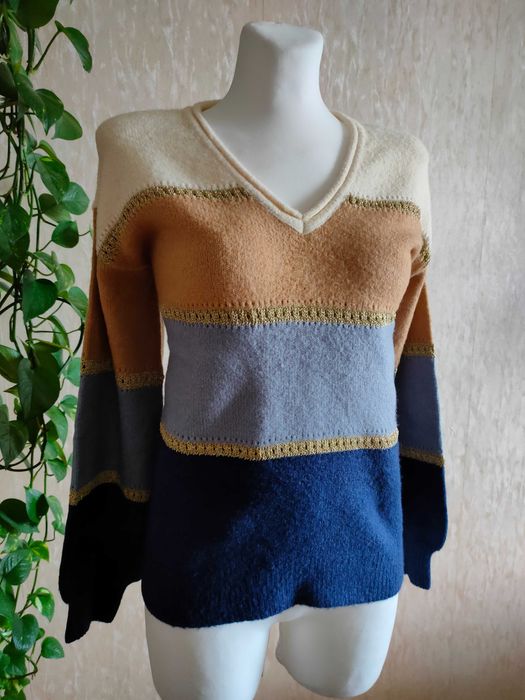 NOWY granatowy brązowy złoty ciepły sweter dekolt V  36/38 S/M Rainbow