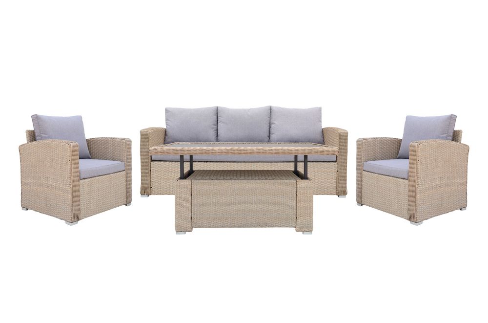 Zestaw Mebli Ogrodowych Technorattanowy Komplet Beżowy Regulacja Stołu