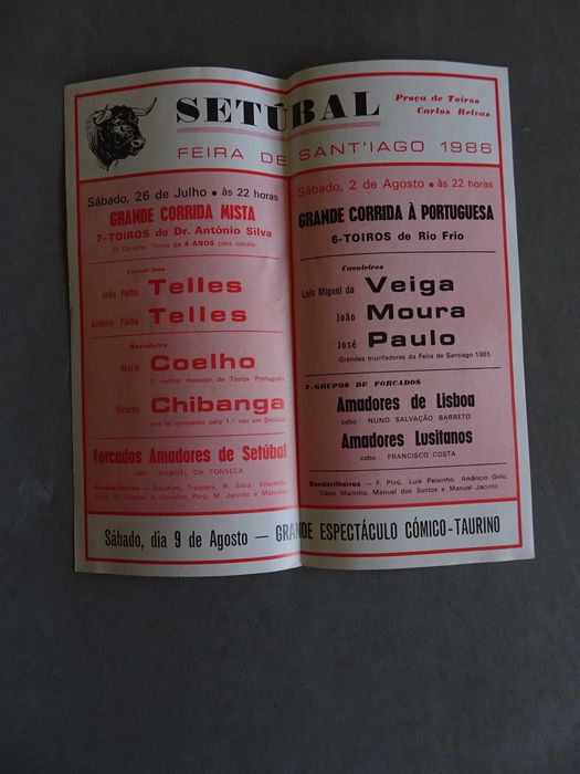Programa de tourada Praça de Toiros Carlos Relvas Setúbal - Feira de Sant'Iago 26 julho / 2 agosto 1986