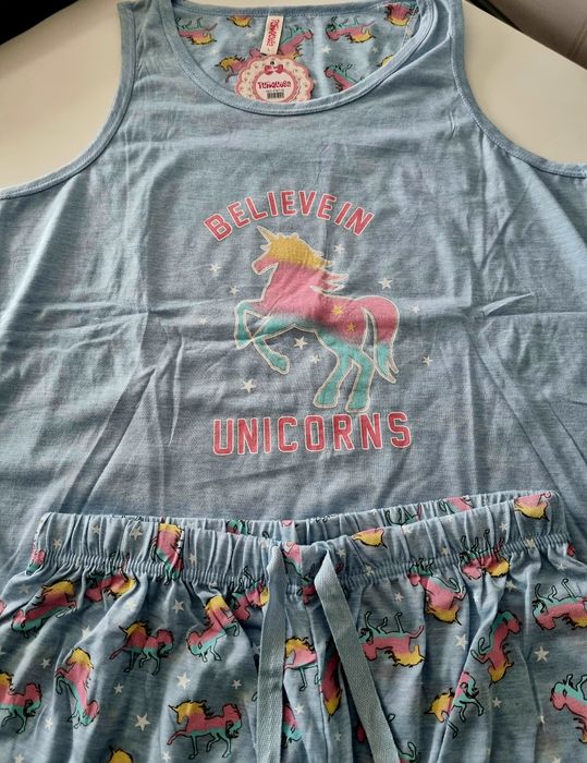 Pijama de verão, azul com unicórnios, 100% algodão. L