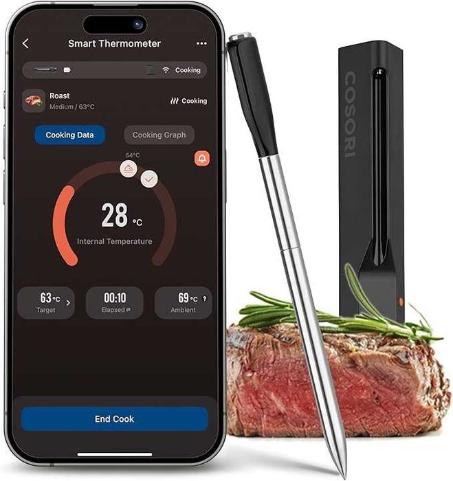 Bezprzewodowy termometr do mięsa Cosori, zasięg 50 m, termometr Bluetooth do mięsa