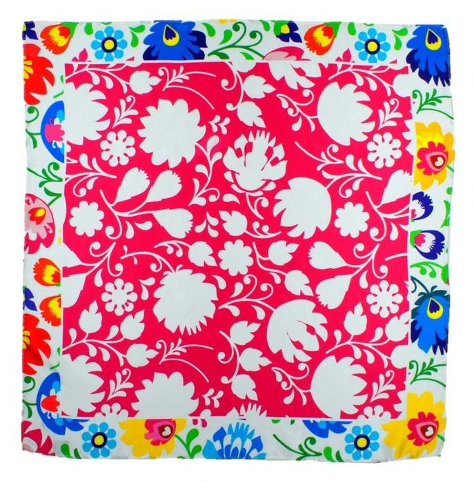 AD7-001 Jedwabna Apaszka Wzór Łowicki 65x65cm NOWA