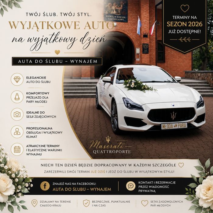 Auto do ślubu Białe Maserati Quattroporte - elegancja, prestiż i styl!