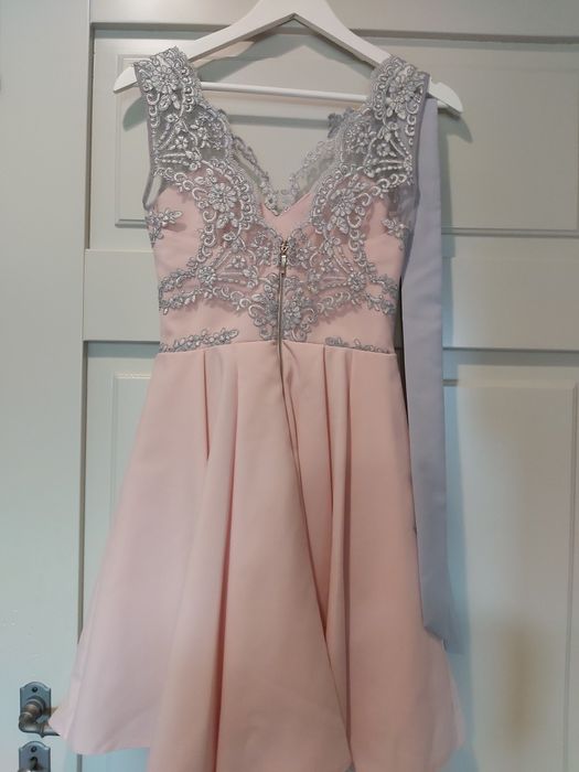 Sukienka damska BICOTONE, roz.34, nowa, jasny róż, szara koronka