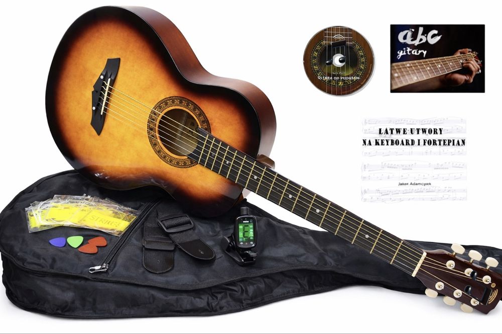 Gitara do nauki zestaw dla początkujących PAKIET stroik CD kostki pas