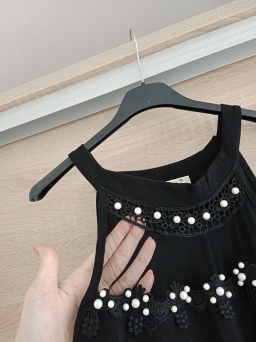 Czarna elegancka bluzka damska z siateczką i perełkami S M