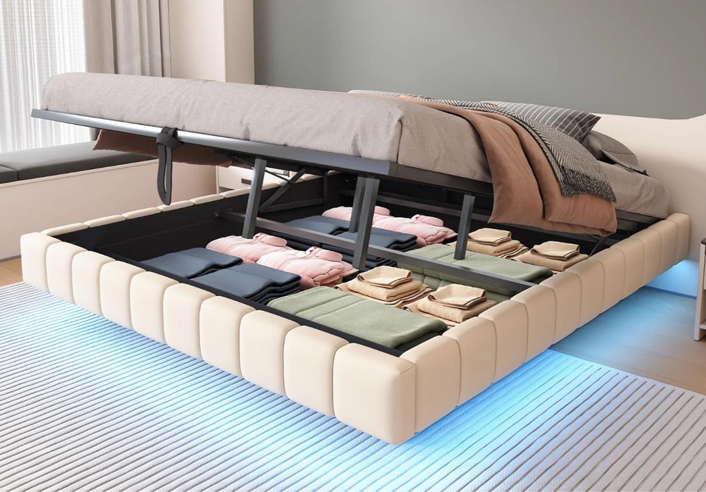 Cama (180x200cm) com baú estofada com LED - NOVA