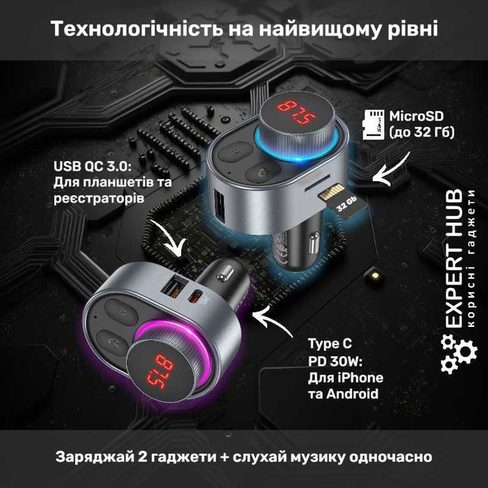 FM модулятор трансмітер Bluetooth 5.0 для авто + зарядка USB Fast charge PD 30W | Hoco E72 Alegria