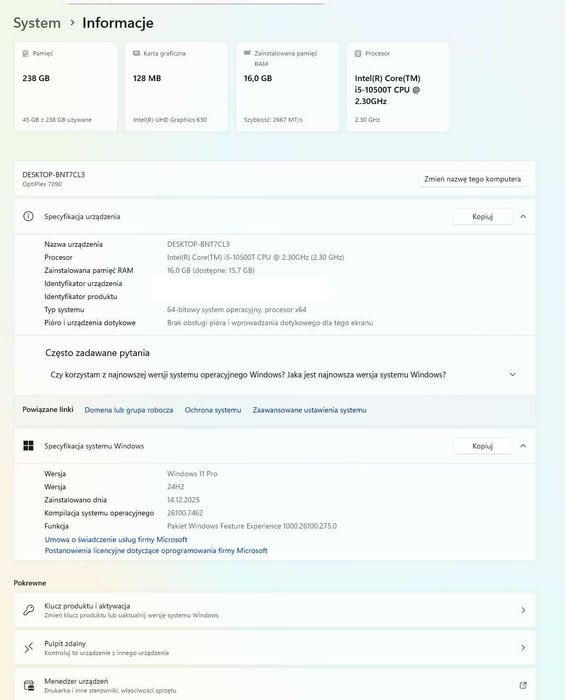 Dell Optiplex 7090 Micro i5 10500T SSD256 16GB RAM Możliwe 2x NVME