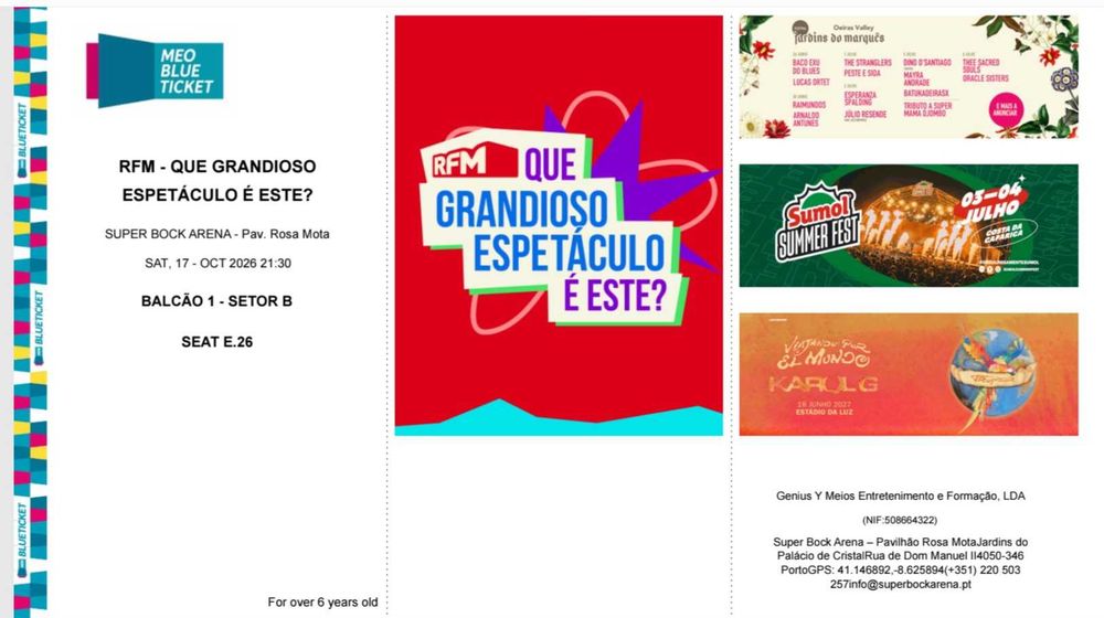 Bilhetes RFM - Que grandioso espetáculo é este?