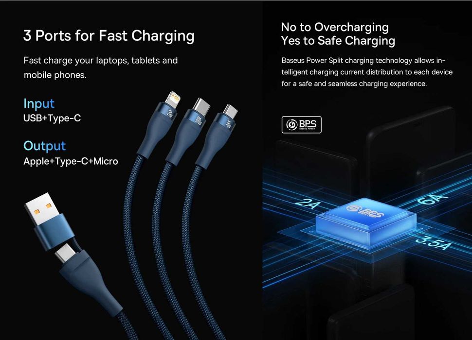 Кабелі TOOCKI/BASEUS, 2-in-1/3-in-1/3-in-2, 3.5A/6A/100W/240W