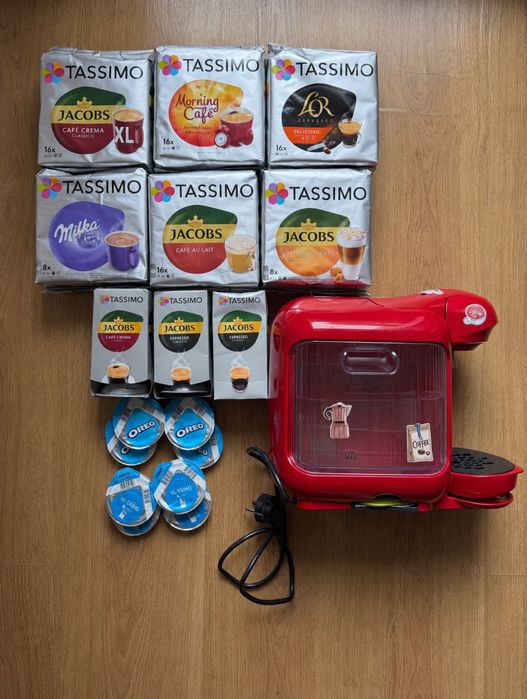 XXL Ekspres + Kawa Bosch Tassimo kapsułki duży zestaw AGD kawa Jacobs Milka Oreo czerwony