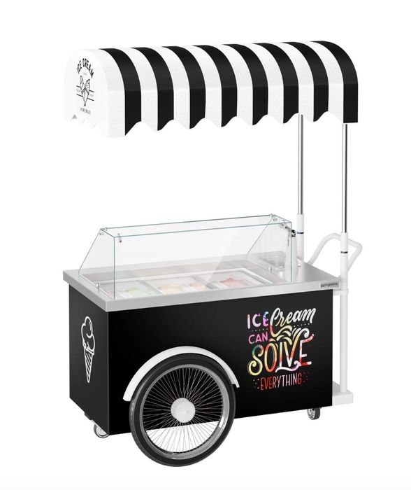 Wózek na lody na kołach z daszkiem i umywalką. Używany 1 sezon stan bardzo dobry. Poznań