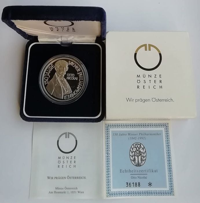 Австрія 100 шилінгів 1992р. СРІБЛО. ПРУФ. Отто Ніколай. Сертифікат.