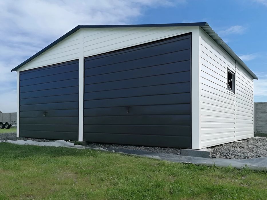 Blaszak dwustanowiskowy 6x5 m - Dach dwuspadowy, Brama uchylna, Szara