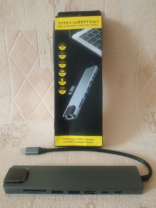 Док-станция 8 в 1 - RG45+TF/SD+HDTV+2 USB+PD+Type-C