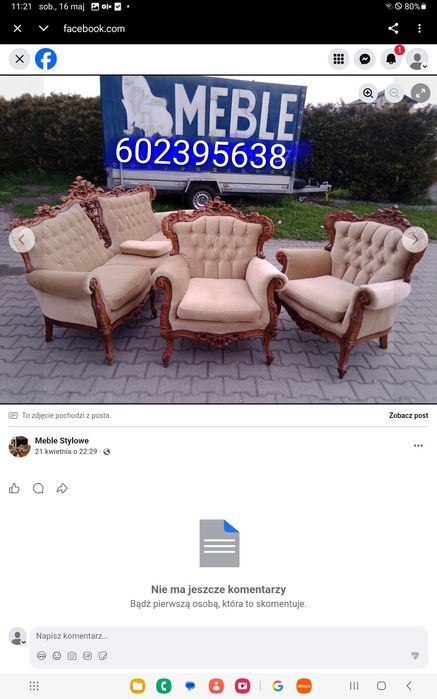 Komplet Ludwik Rzeźbiony 3+1+1+ ława Cappucznio IDEALNY
