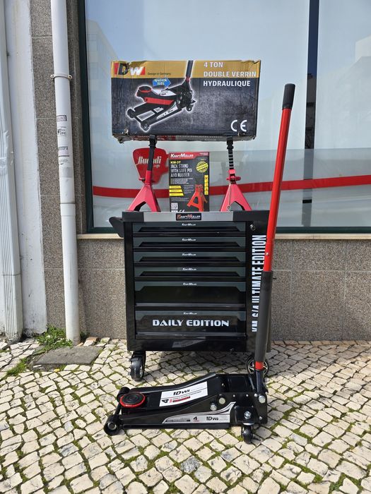 Conjunto de carrinho de ferramentas 6 gavetas e macaco e preguiças