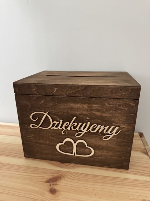Rustykalne drewniane pudełko na koperty napis Dziękujemy wesele ślub