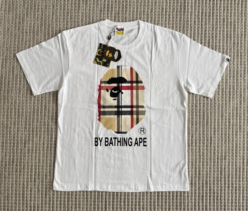 Nowa Oryginalna Koszulka Bape x Burberry Tee | Bluzka BAPE T-shirt | Damska Męska Dziecięca Unisex Koszulka z małpą A Bathing Ape | Biała Rozmiar S
