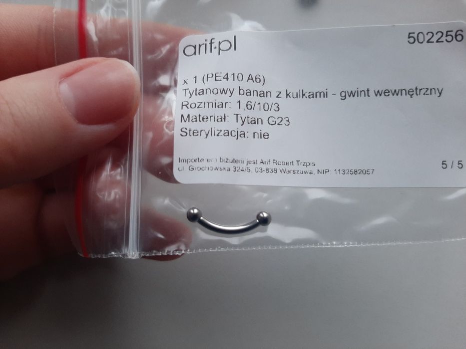 Kolczyk typu banan tytan chirurgiczny g23 srebrny 10 mm nowy arif
