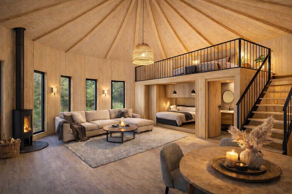 Nowoczesna Jurta  z litego drewna  CLT  35 m² + 9 m² antresola