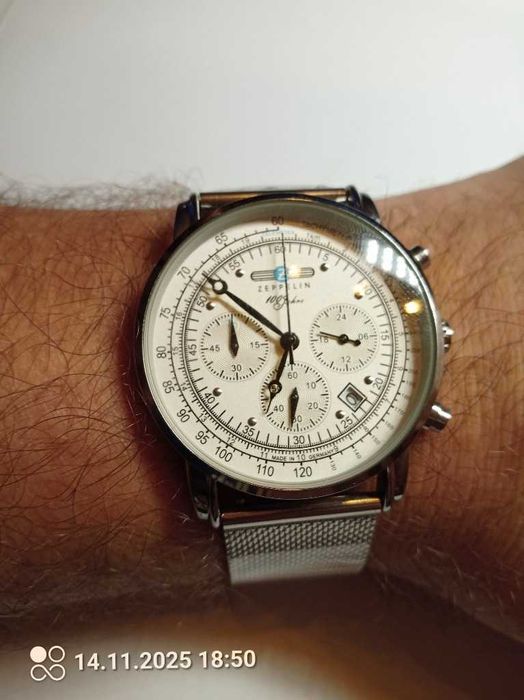 Piękny, stylowy, męski zegarek Zeppelin MOD z białą tarczą, chronograf