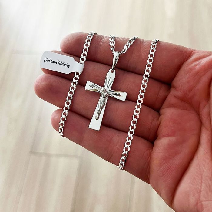 Srebrny Łańcuszek Komunijny + Krzyżyk Jezus 925 + Grawer Na Chrzest Ko