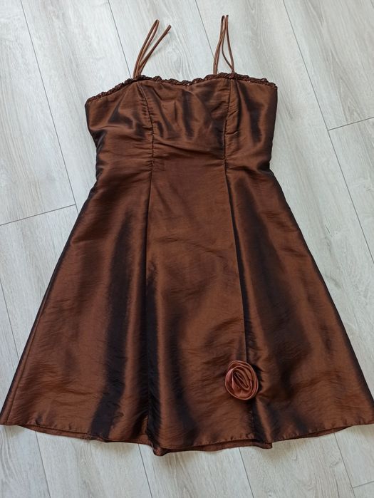 Elegancka sukienka brązowa, miedziana na wesele, studniówkę S M 36-38