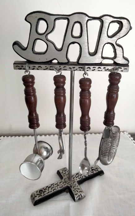 Conjunto vintage de Utensílios de Bar com Suporte em metal