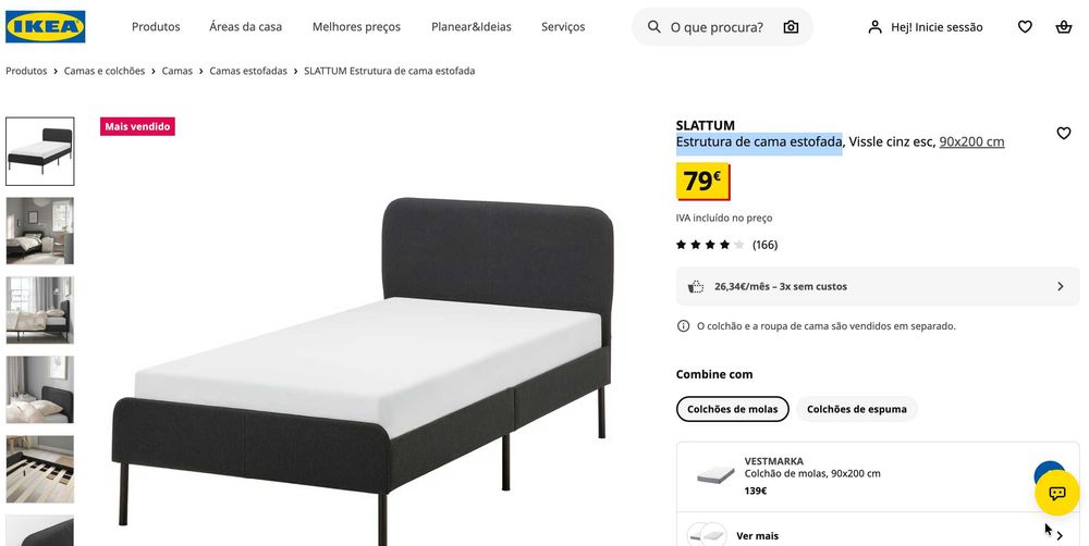 Estrutura de cama estofada completa - IKEA/SLATTUM 90x200