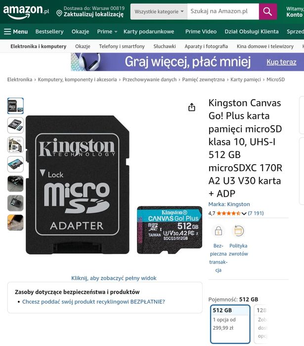 Karta pamięci MicroSD Kingston 512, U3 class, 170/90