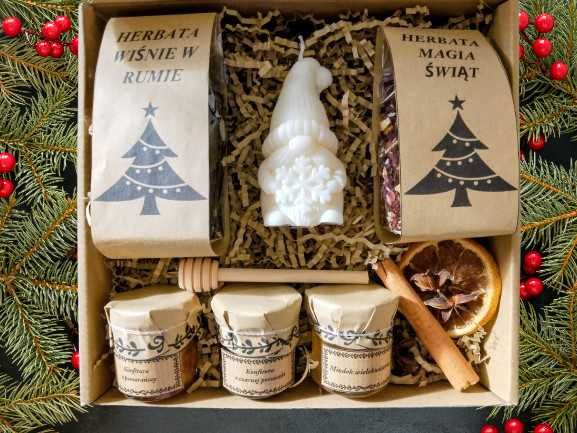 Box prezent, herbaty, miód, czerpak, świeczka sojowa świąteczny skrzat