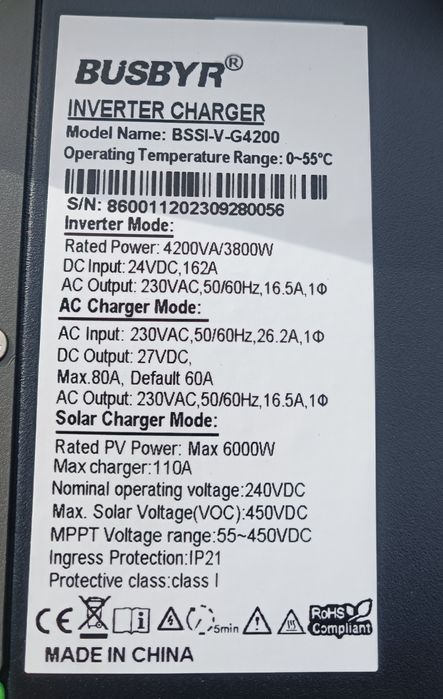 Інвертор гібридний BUSBYR 24v  4,2 kV/A (3800w)