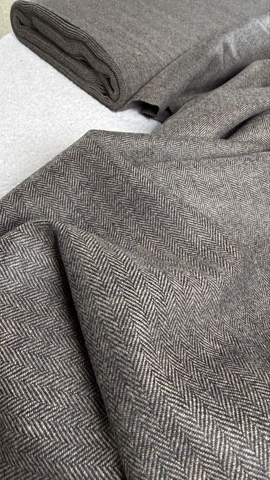 OKAZJA! Tkanina wełniana, jodełka, brąz, na metry, kupon