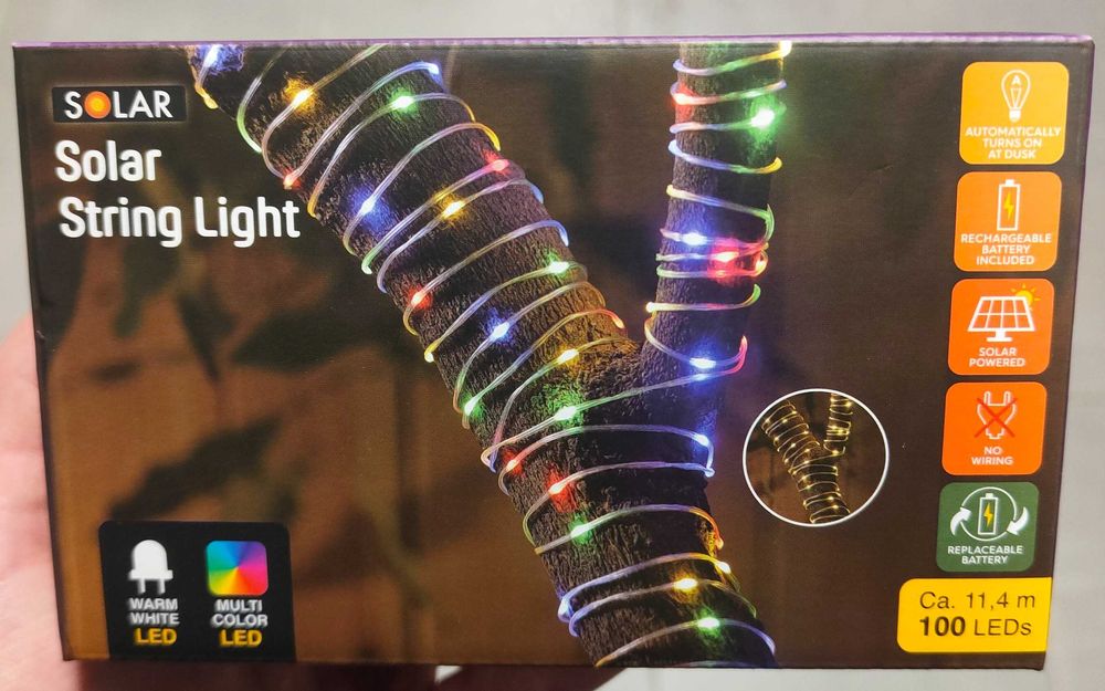 Łańcuch świetlny solarny 100 LED 11,4 m – wielokolorowy + ciepły biały