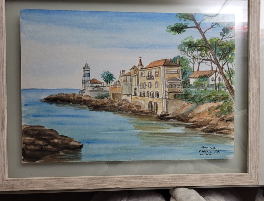 Quadro aguarela emoldurado farol sta marta cascais