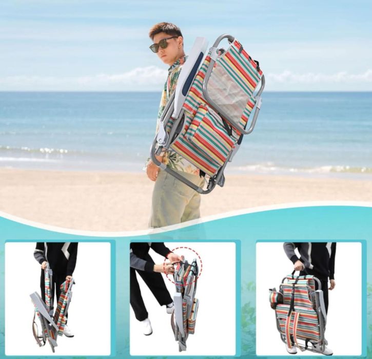 Składany fotel plażowy 5-pozycyjny z torbą chłodzącą i  stolikiem na k