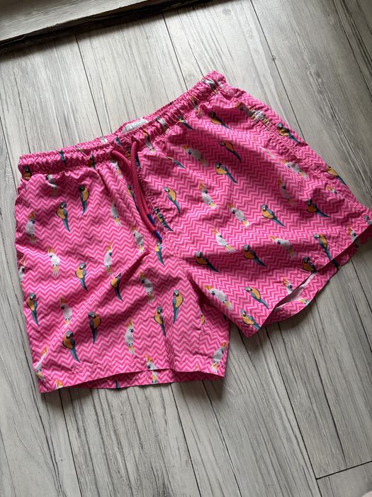 Męskie spodenki do pływania kąpielówki na basen różowe w papugi