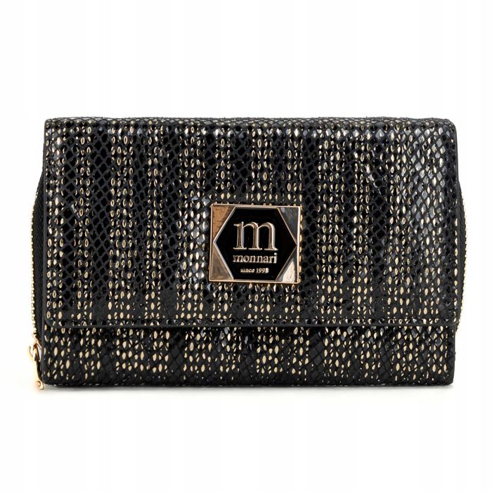 MONNARI Portfel Damski Elegancki Skóra Węża Eko Czarny Złoty Prezent