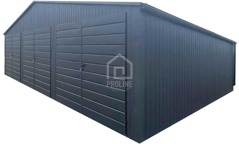 Garaż blaszany 10x6m 3x Brama Rynny Antracyt - Dach dwuspadowy PLG184