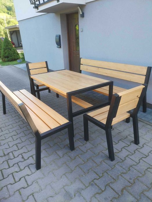 Ogrodowe meble drewniane + metal ocynk stół 2 ławki 2 fotele zestaw