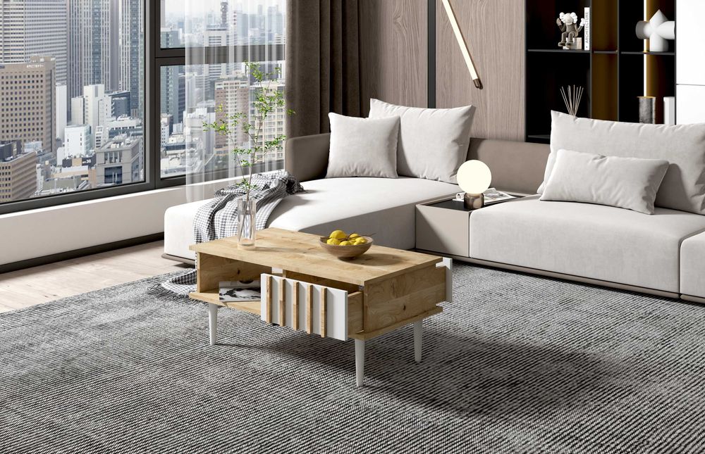 Stolik kawowy ława loft lamele dąb/czarny/biały z półką i szufladą